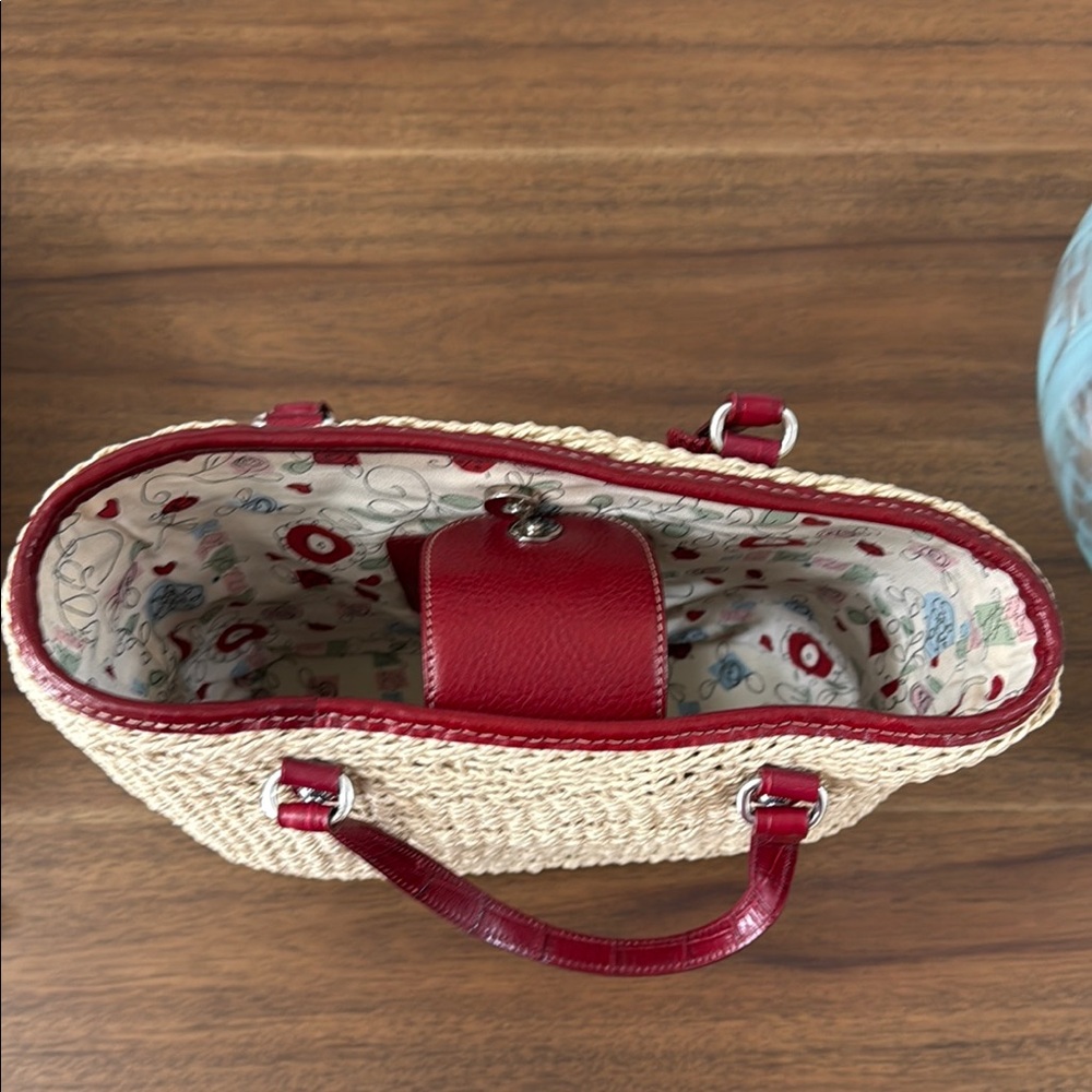 Brighton Patricia Straw Floral Deep Red Leather Handbag/Tote - Picture 12 of 16